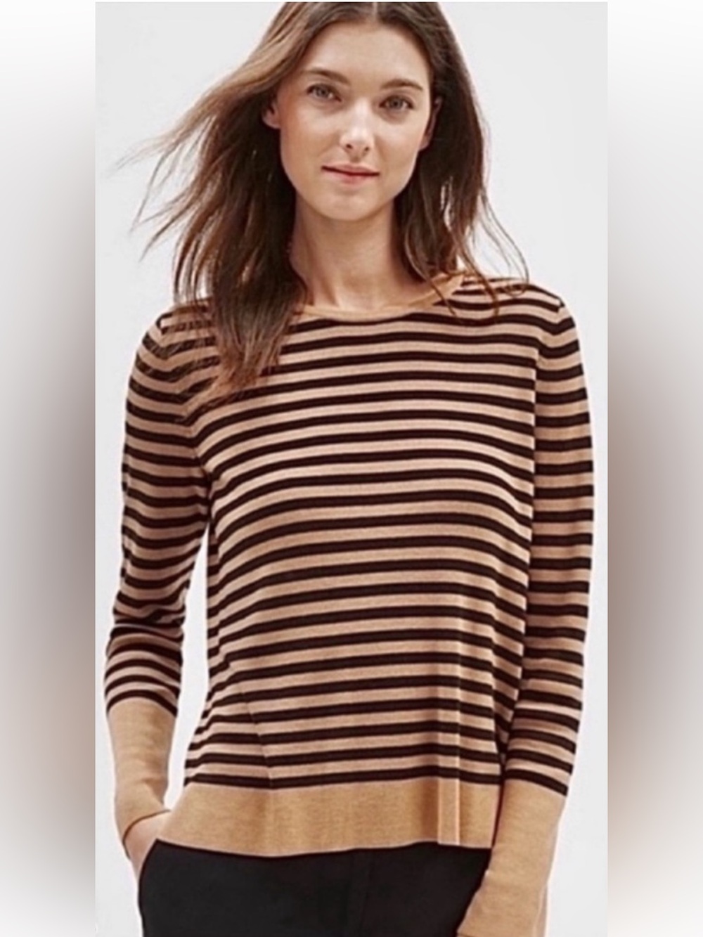 Striped Black and Camel Crewneck Sweater